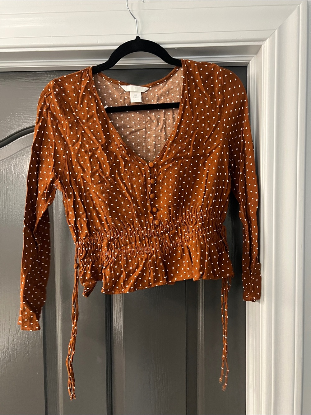 H&M Polka Dot Smocked Peplum V-Neck Blouse - Brown and White, Size 4